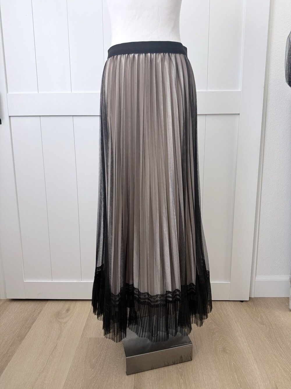 Pleated Mesh Lace Midi Maxi Skirt Black Champagne Calligraphie M Boho Romantic - Picture 15 of 16
